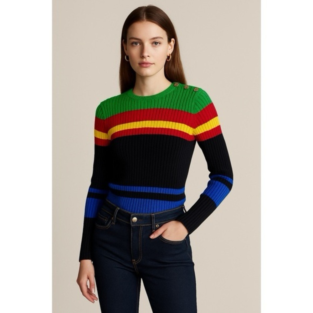 Lauren Ralph Lauren Vintage Multicolor Colorblock Striped Ribbed Knit Sweater S